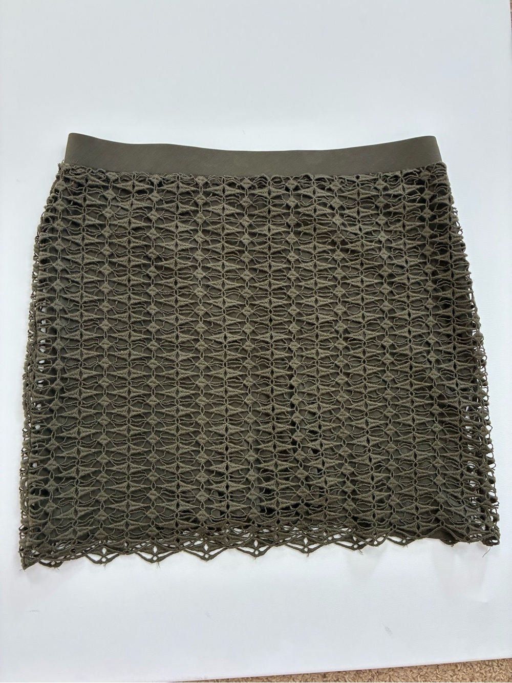 J. Crew Olive Silk Lined Crochet Mini Skirt